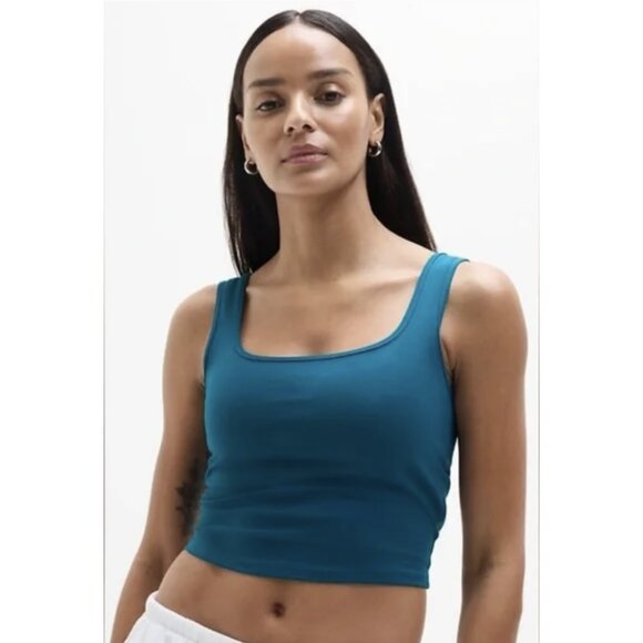 ATHLETA Signature Rib Square Neck Crop Tank Top Coastal Teal Stretch Casual NWT - Picture 1 of 12